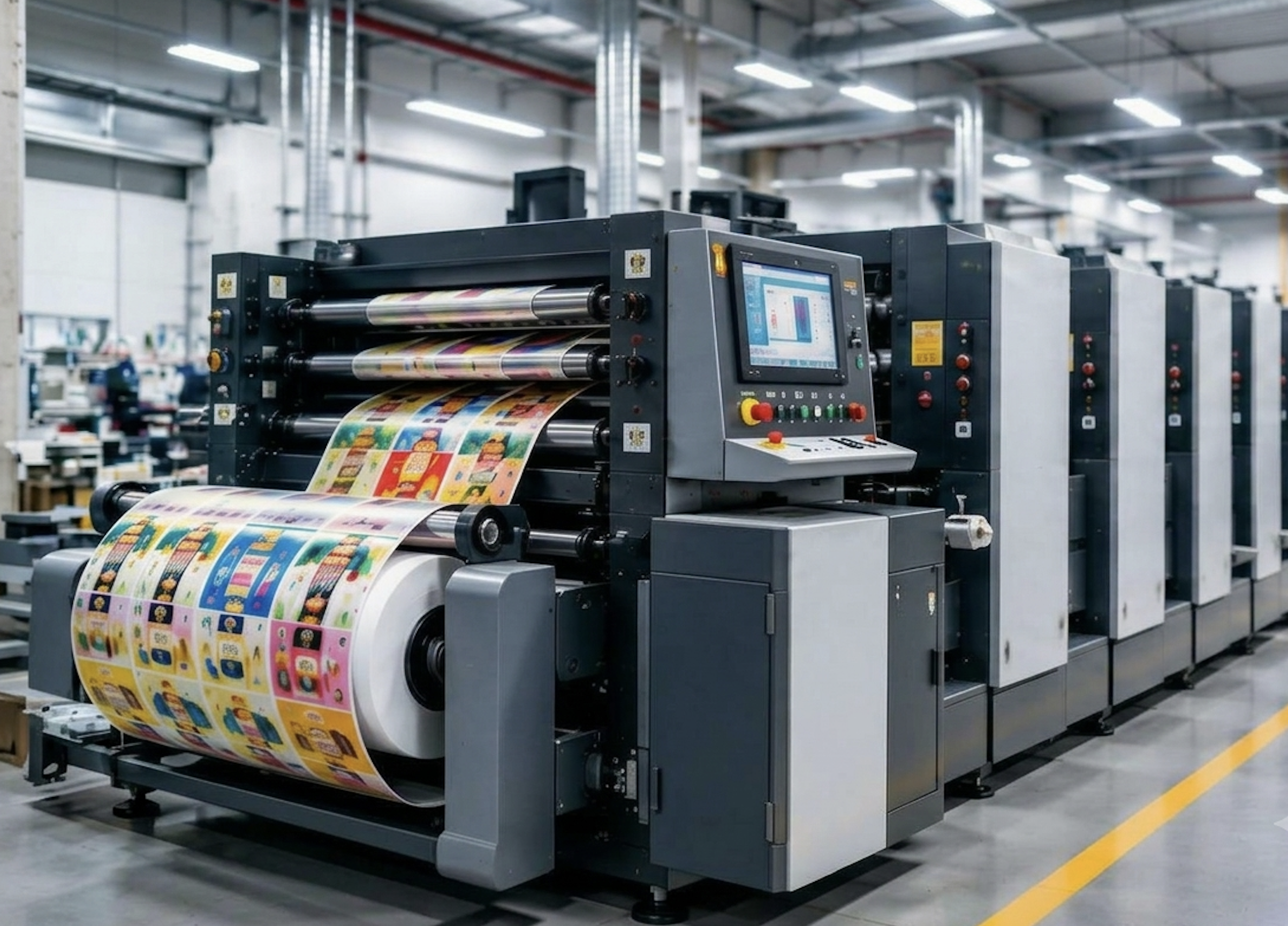 Commercial printing machinery in a factory